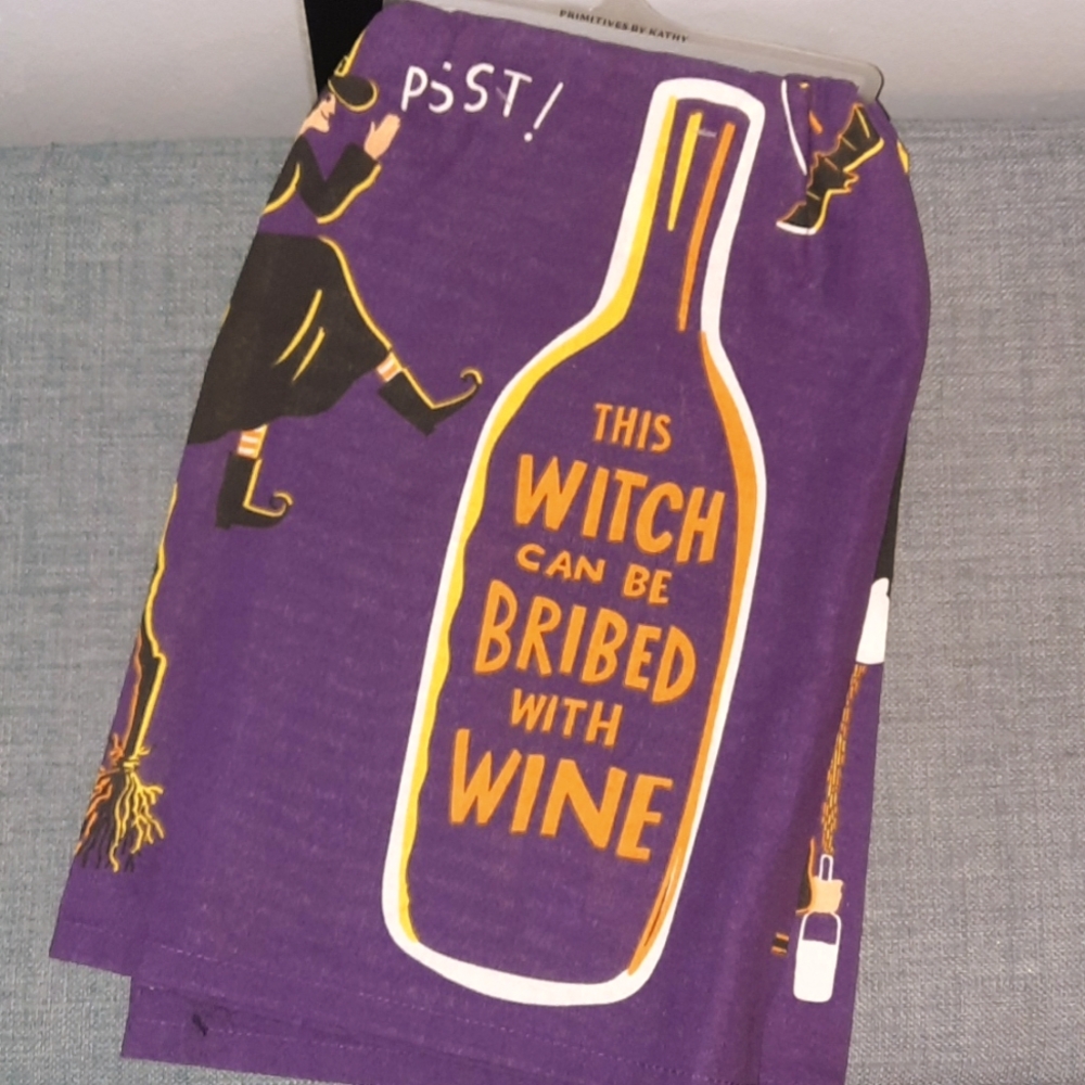 This Witch Can Be Bribed With Wine Halloween Cotton Kitchen Towel Purple NWT